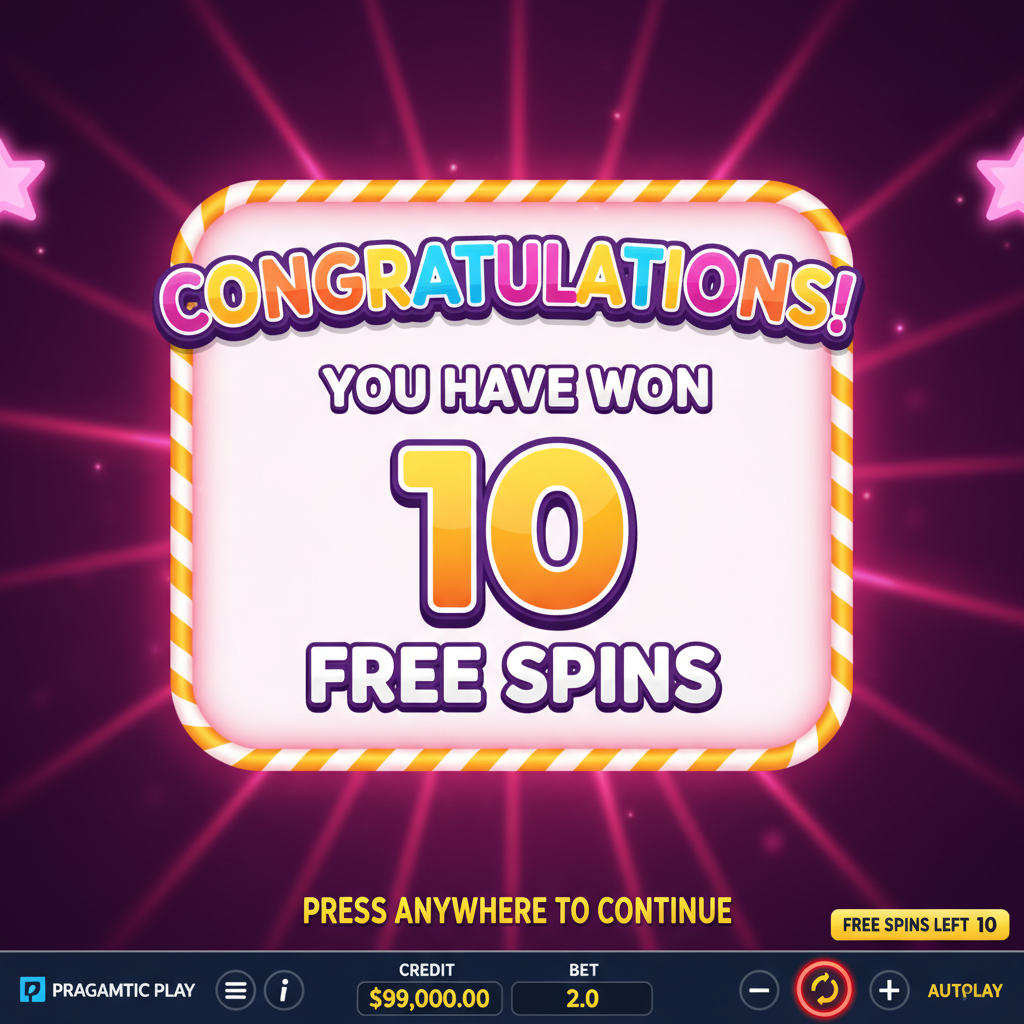 Écran de célébration Sugar Rush 1000 annonçant 10 Tours Gratuits gagnés avec fond violet et effets lumineux