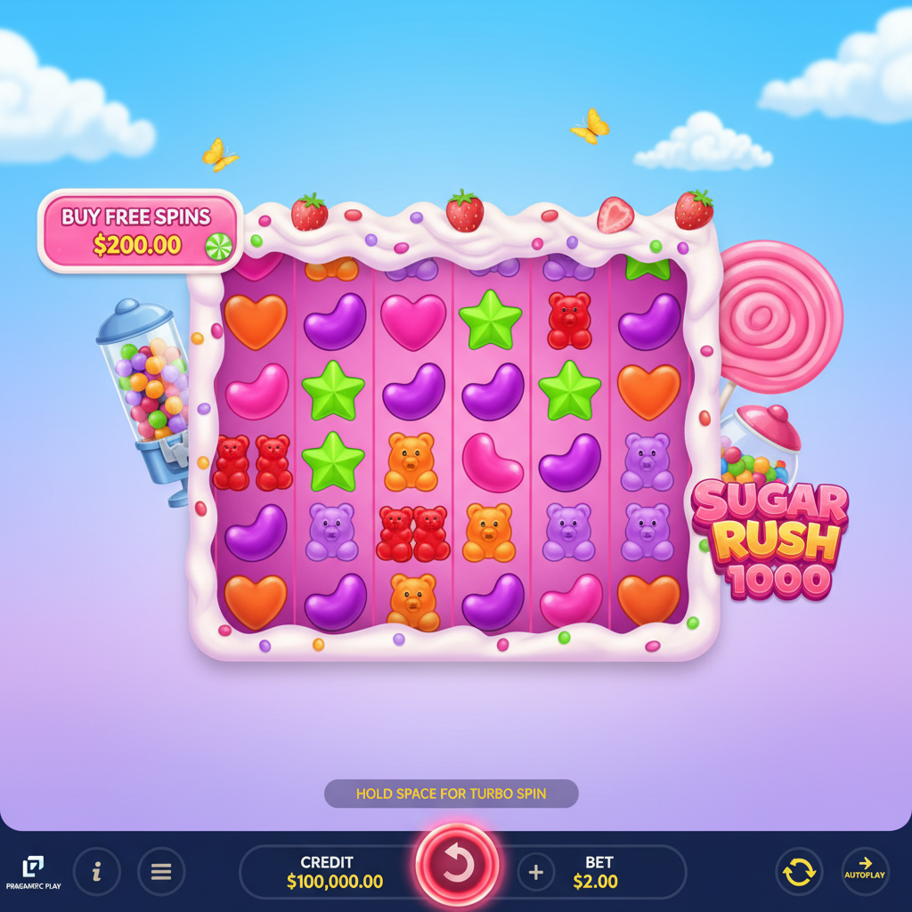 Grille 7x7 de Sugar Rush 1000 remplie de symboles bonbons colorés – bonbons roses, étoiles vertes, oursons et haricots violets