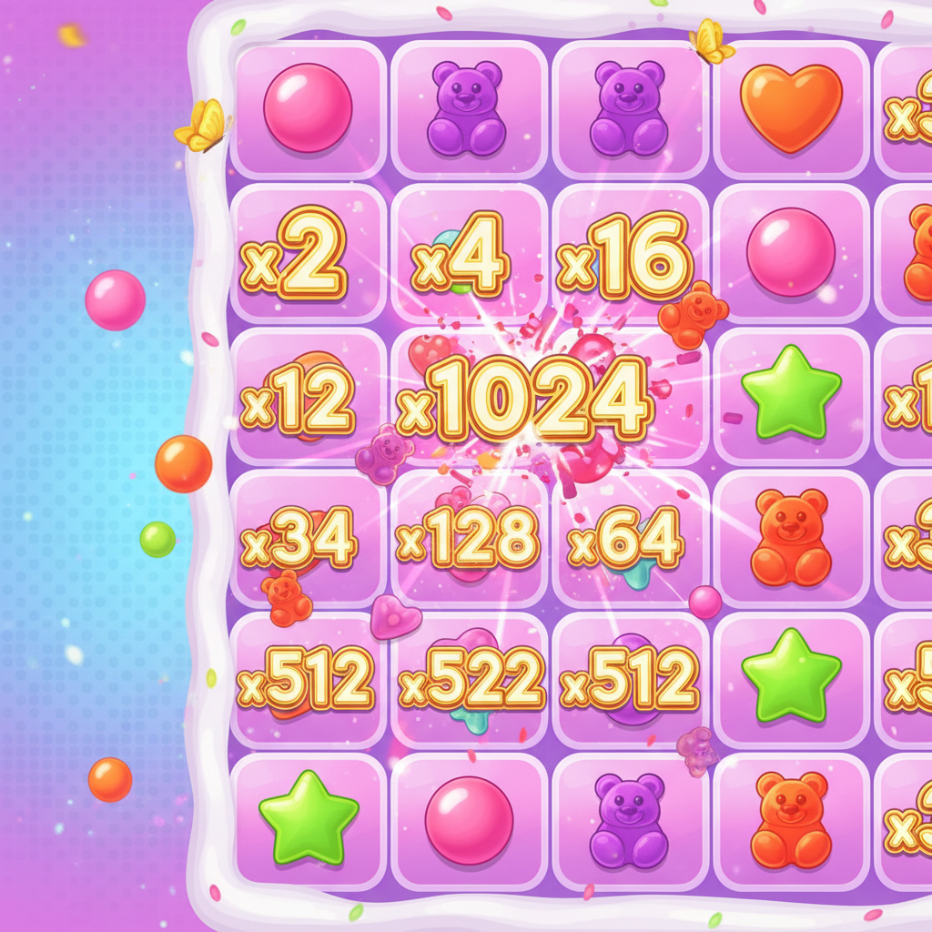 Zones multiplicatrices de Sugar Rush 1000 affichant des multiplicateurs progressifs x2, x4, x8 jusqu'à x1024 sur la grille de jeu