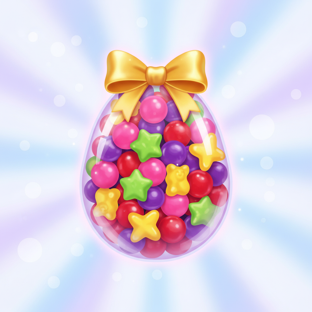 Symbole Scatter de Sugar Rush 1000 : œuf transparent rempli de bonbons colorés avec un nœud doré, déclencheur des Tours Gratuits