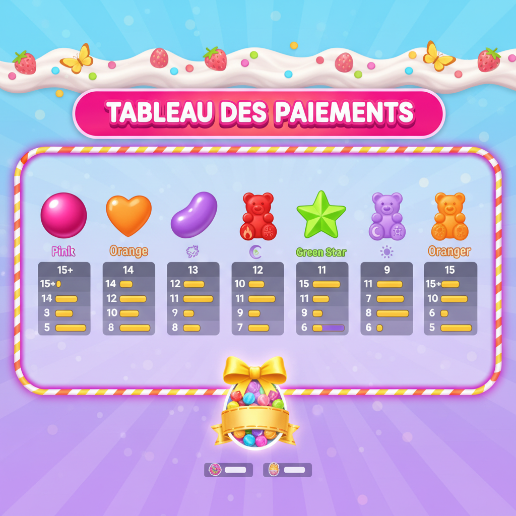 Tableau des paiements de Sugar Rush 1000 montrant tous les symboles bonbons : bonbon rose, cœur orange, haricot violet, étoile verte et oursons
