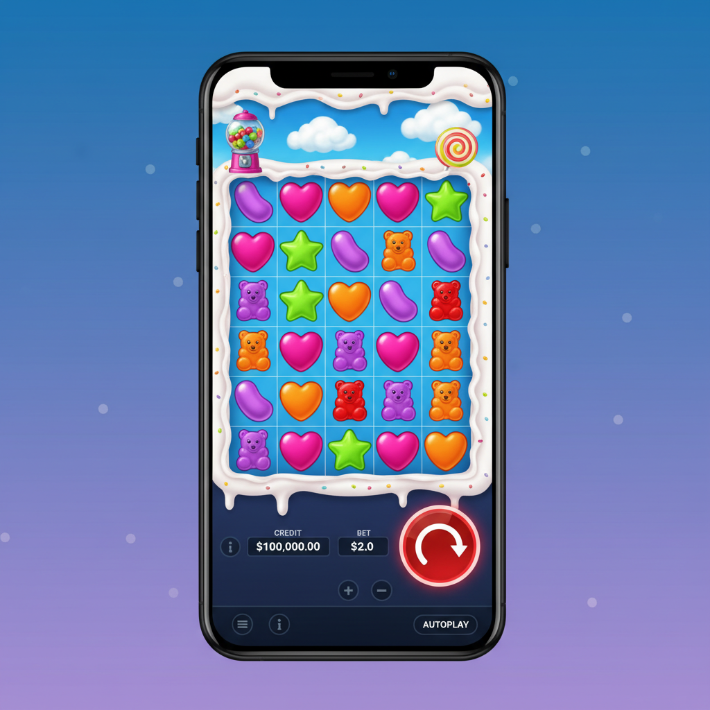 Sugar Rush 1000 affiché sur un smartphone – interface mobile optimisée avec grille 7x7 et panneau de contrôle adapté à l'écran tactile